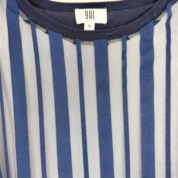 YAL NY Navy Blue White Mesh Overlay Striped Knit Nautical Pullover Top - Picture 15 of 16